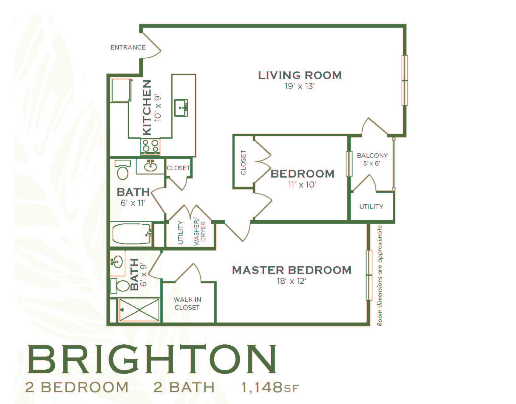 Floor plan for 2 beds, 2 baths, 1148 sqft